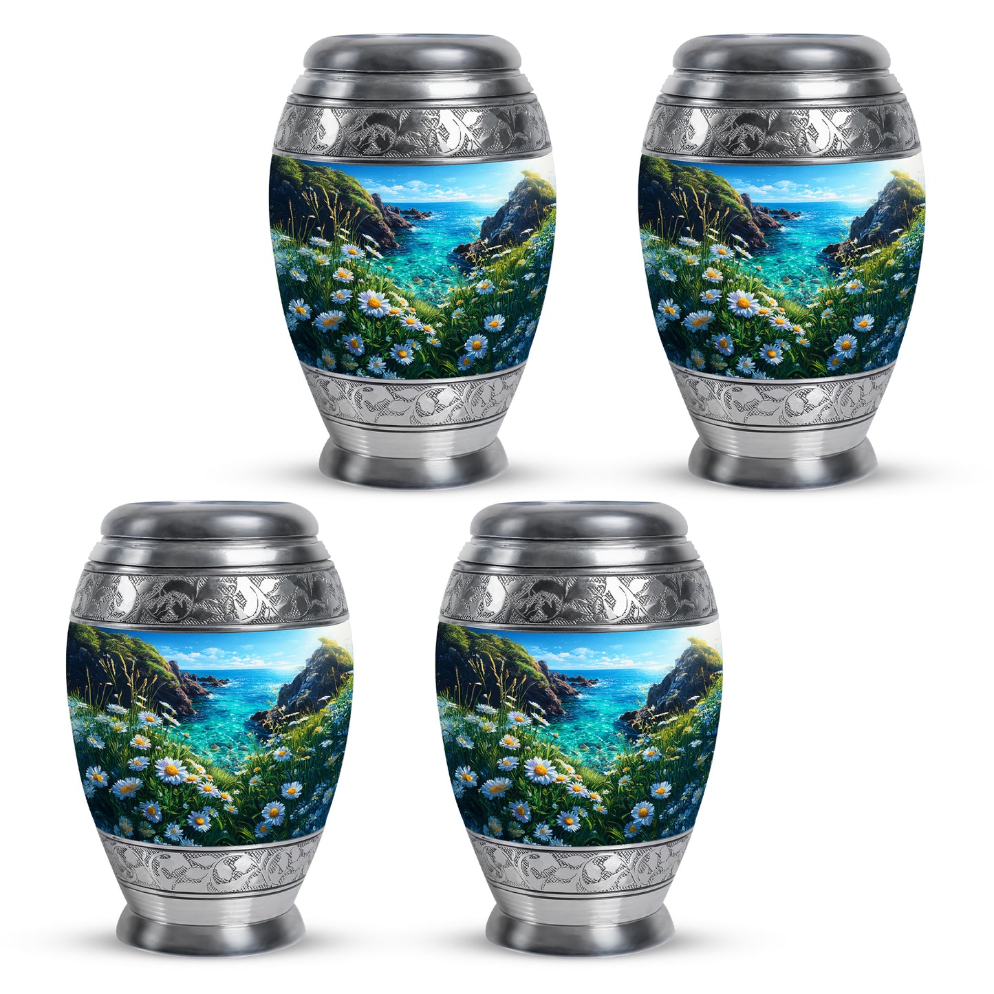 Indigo Daisy Cremation Urn urn with complimentary velvet bag - ornate monarch-style daisy relief on brushed aluminum - 10 inch aluminum urn for cremated remains