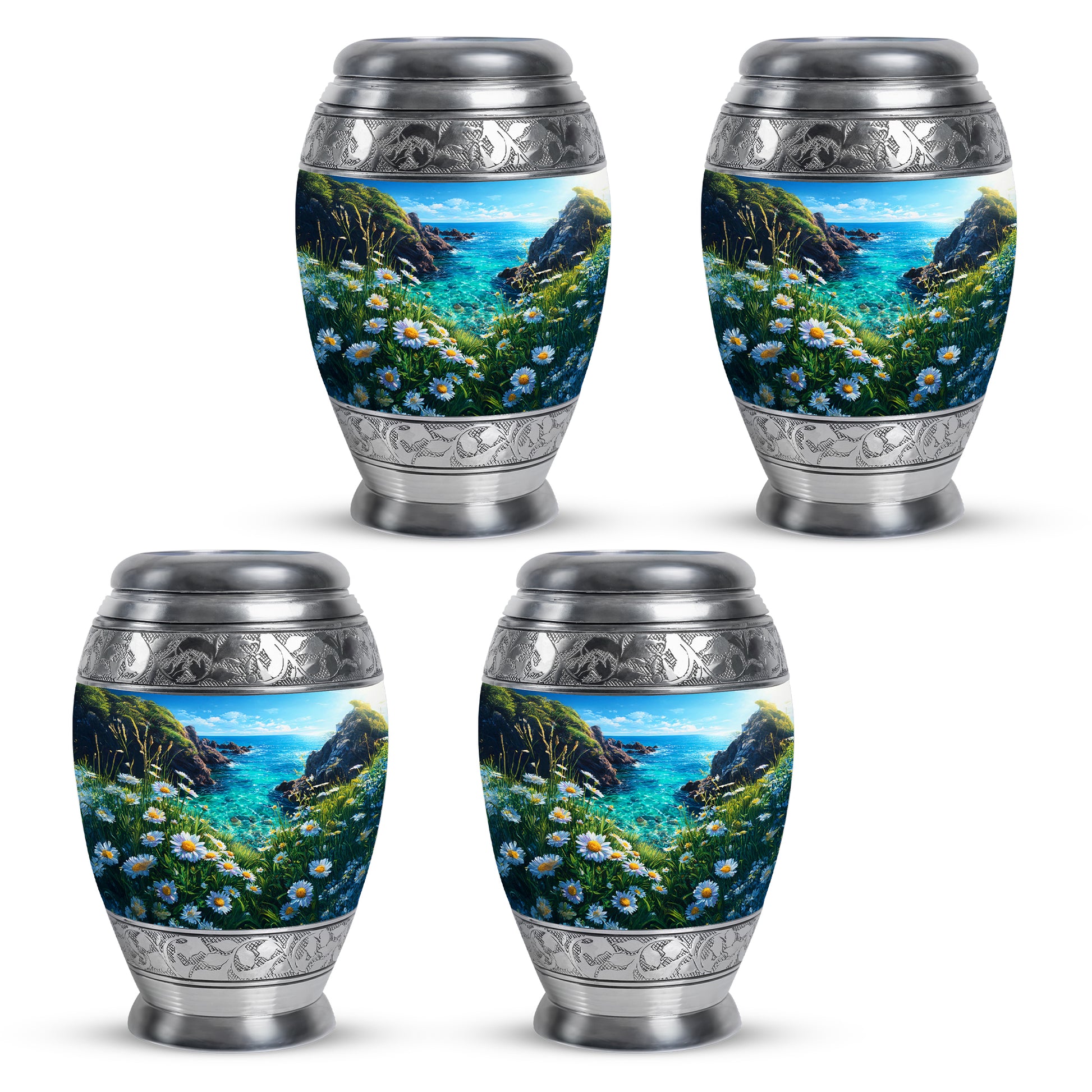 Indigo Daisy Cremation Urn urn with complimentary velvet bag - ornate monarch-style daisy relief on brushed aluminum - 10 inch aluminum urn for cremated remains