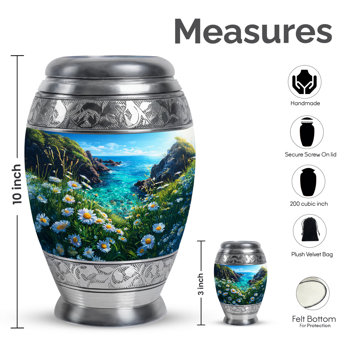 Icy Blue Daisy Cremation Urn lifestyle display on memorial shelf - regal daisy design with crown-inspired accents - mini keepsake memorial for portion of cremation ashes