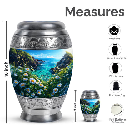 Icy Blue Daisy Cremation Urn lifestyle display on memorial shelf - regal daisy design with crown-inspired accents - mini keepsake memorial for portion of cremation ashes