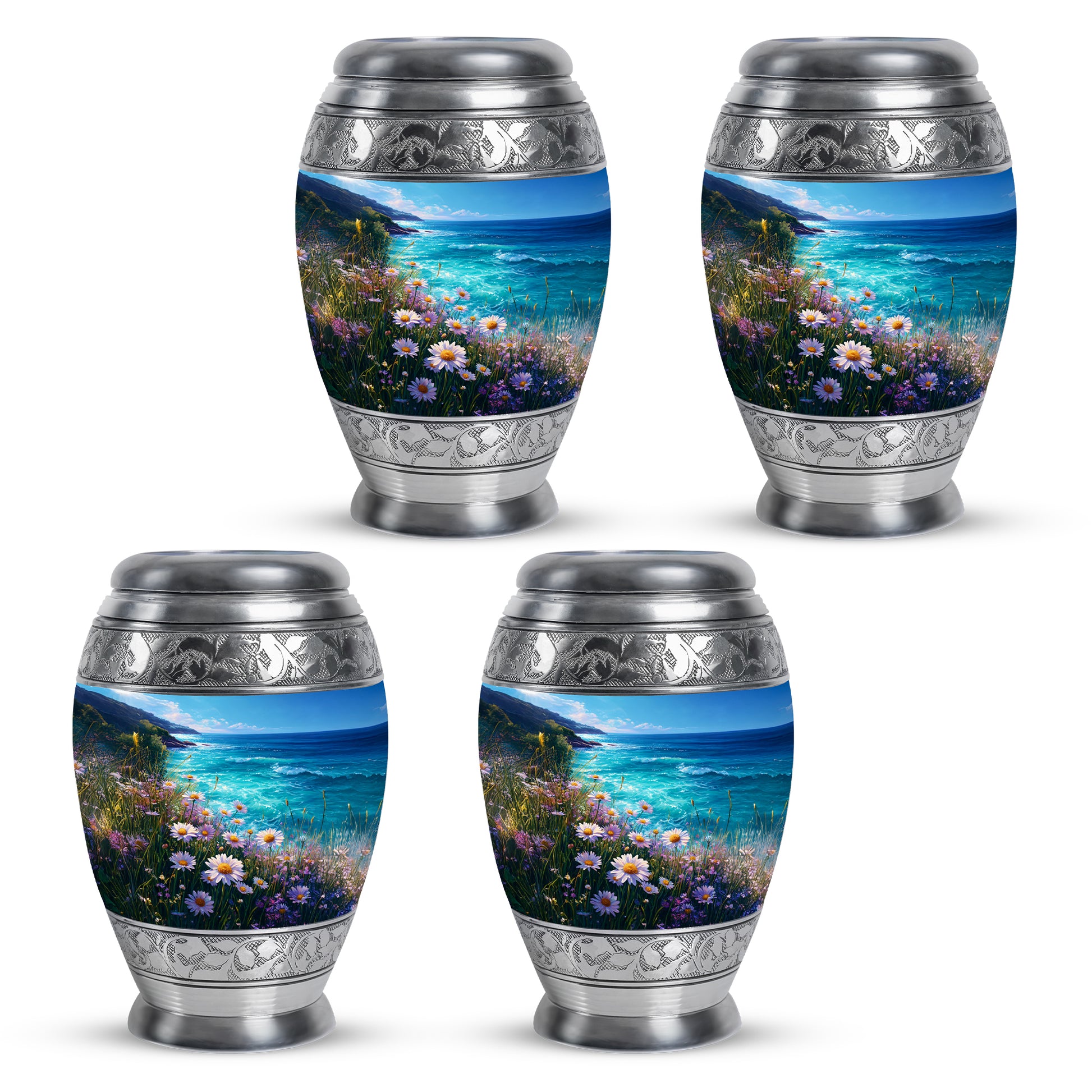 Bright Blue Daisy Cremation Urn urn with complimentary velvet bag - majestic daisy pattern with filigree border - 10 inch aluminum urn for cremated remains