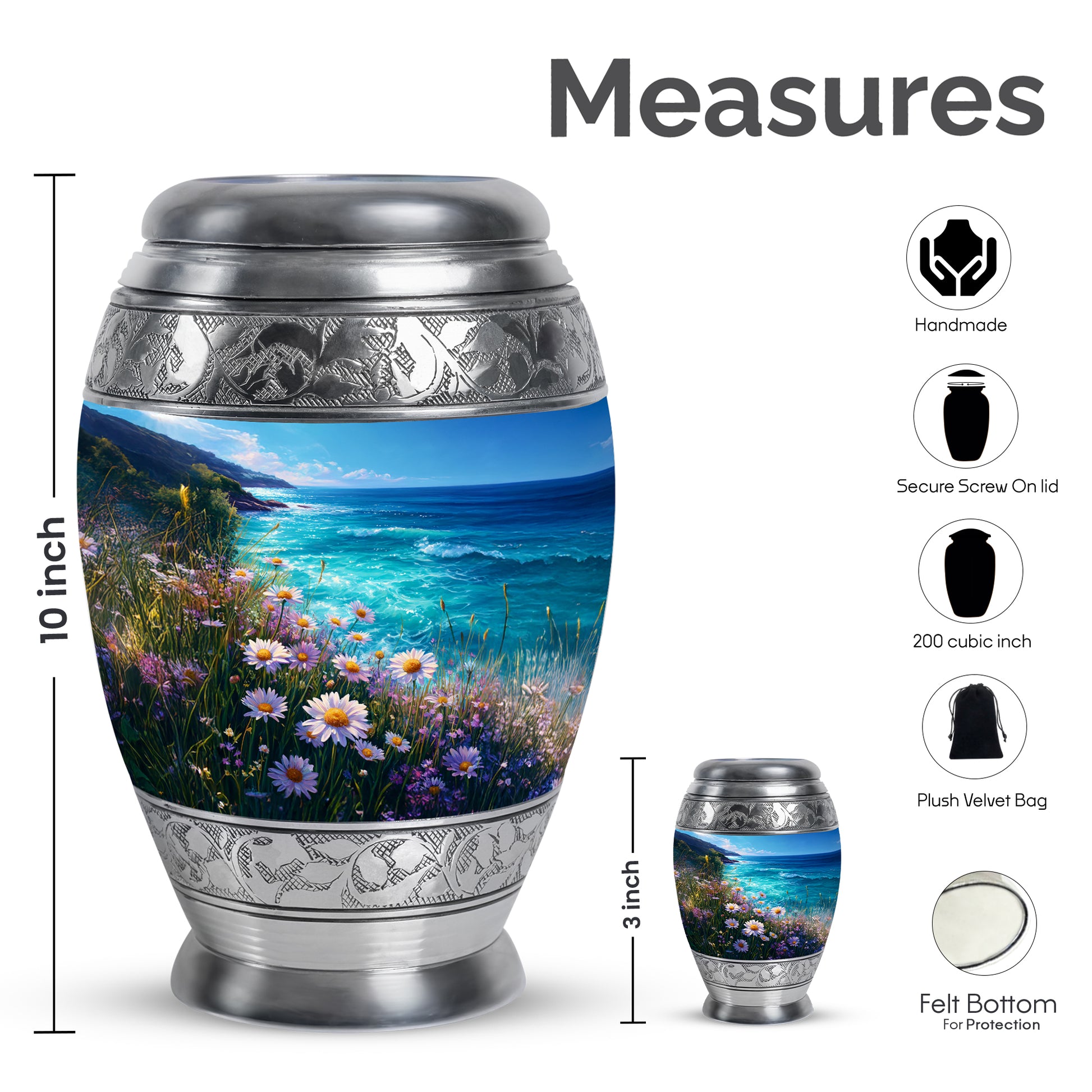 Pastel Blue Daisy Cremation Urn lifestyle display on memorial shelf - regal daisy design with crown-inspired accents - mini keepsake memorial for portion of cremation ashes