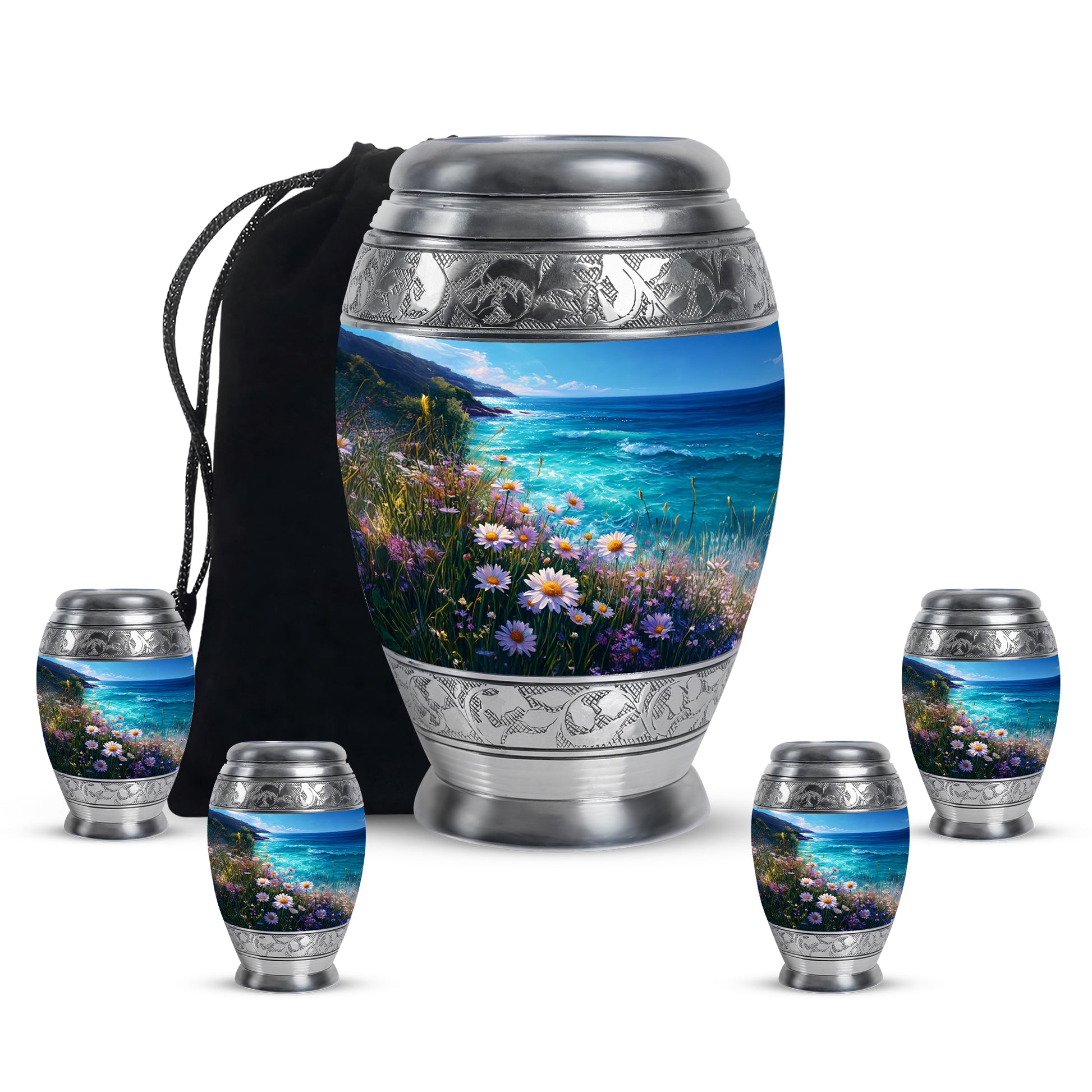 Calming Blue Daisy Cremation Urn detail view - majestic daisy pattern with filigree border - memorial set with one large and four small urns