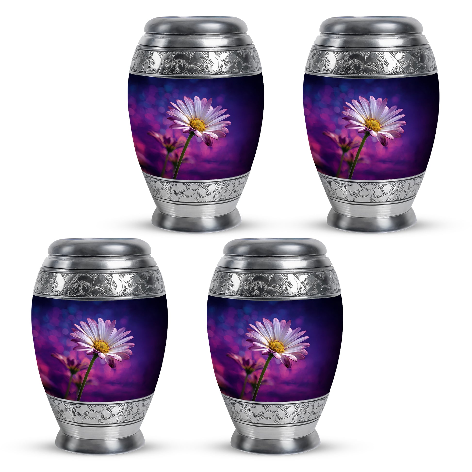 Navy Blue Daisy Cremation Urn urn with complimentary velvet bag - regal daisy design with crown-inspired accents - 10 inch aluminum urn for cremated remains