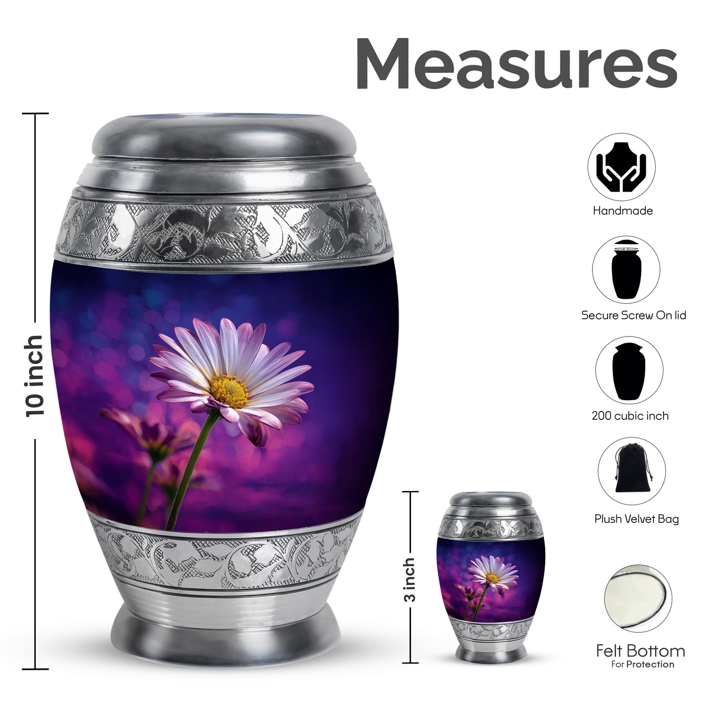 Misty Blue Daisy Cremation Urn lifestyle display on memorial shelf - ornate monarch-style daisy relief on brushed aluminum - mini keepsake memorial for portion of cremation ashes