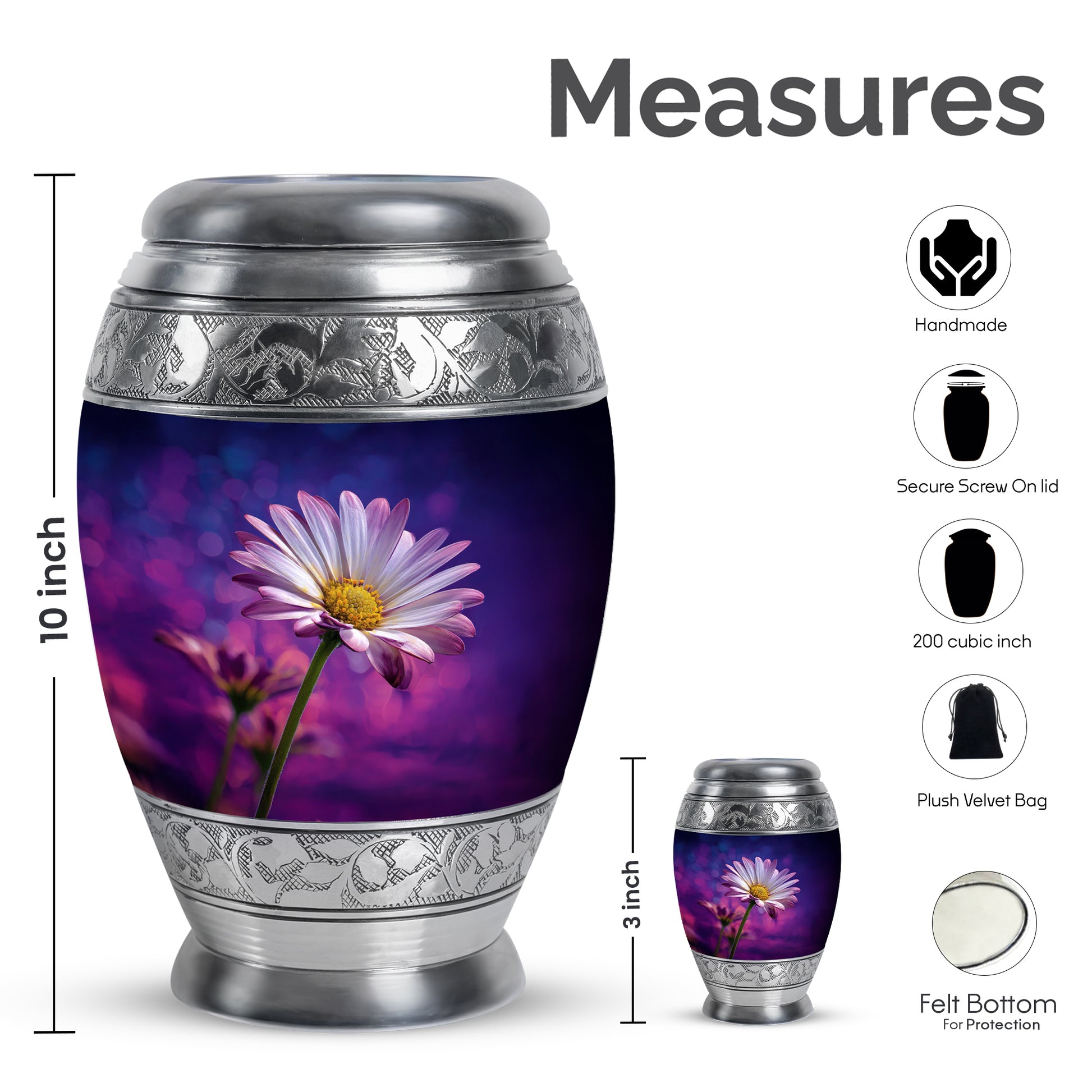 Misty Blue Daisy Cremation Urn lifestyle display on memorial shelf - ornate monarch-style daisy relief on brushed aluminum - mini keepsake memorial for portion of cremation ashes