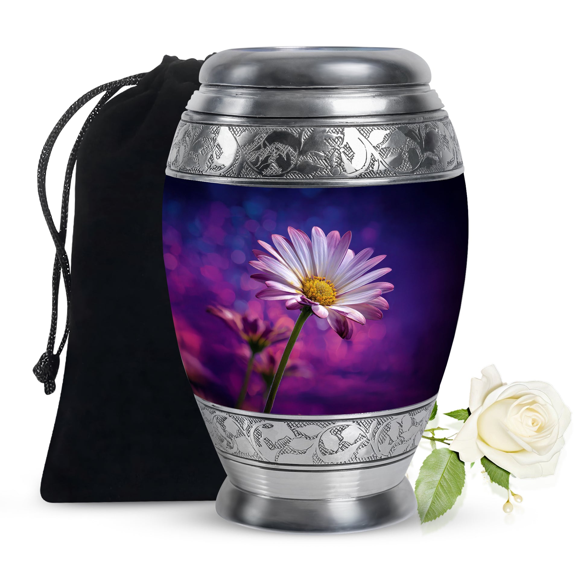 Steel Blue Daisy Cremation Urn back view with polished surface - majestic daisy pattern with filigree border - full-size 10 inch 200 cubic inch adult cremation urn