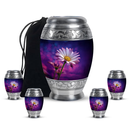 Royal Blue Daisy Cremation Urn detail view - royal daisy engraving with decorative scrollwork - memorial set with one large and four small urns