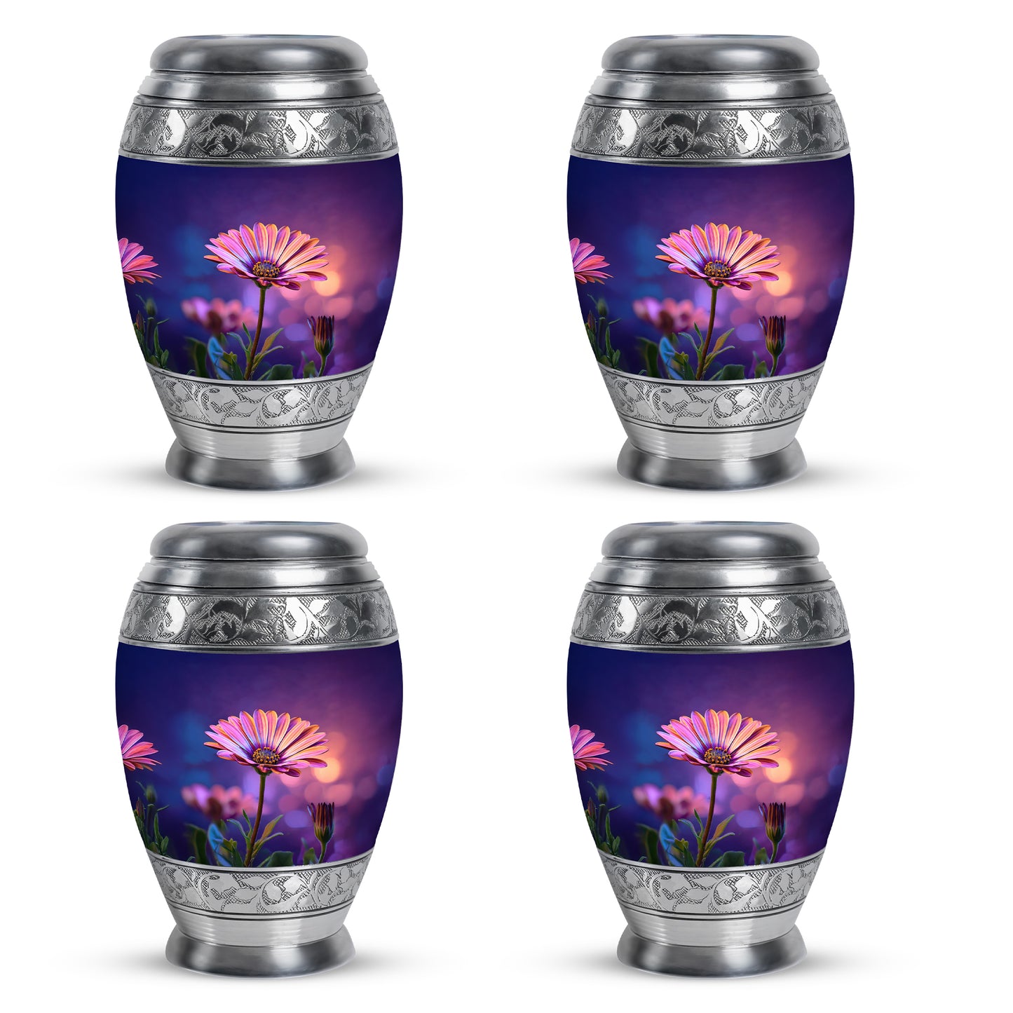 Soft Blue Daisy Cremation Urn urn with complimentary velvet bag - royal daisy engraving with decorative scrollwork - 10 inch aluminum urn for cremated remains