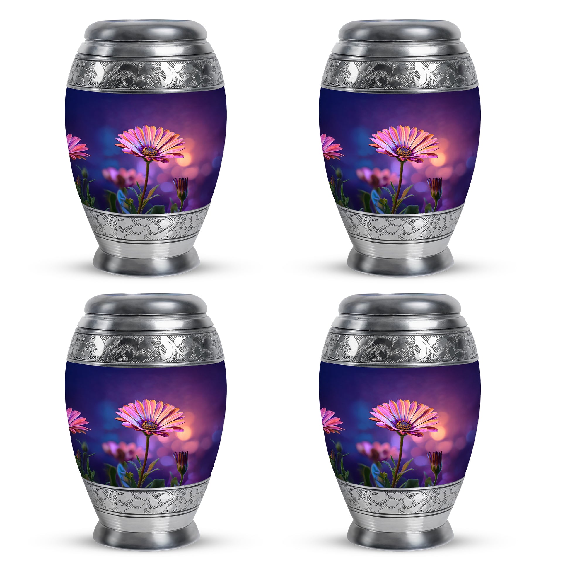 Soft Blue Daisy Cremation Urn urn with complimentary velvet bag - royal daisy engraving with decorative scrollwork - 10 inch aluminum urn for cremated remains