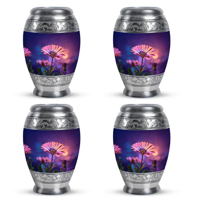 Soft Blue Daisy Cremation Urn urn with complimentary velvet bag - royal daisy engraving with decorative scrollwork - 10 inch aluminum urn for cremated remains