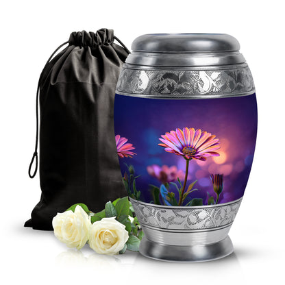 Vivid Blue Daisy Cremation Urn back view with polished surface - royal daisy engraving with decorative scrollwork - full-size 10 inch 200 cubic inch adult cremation urn