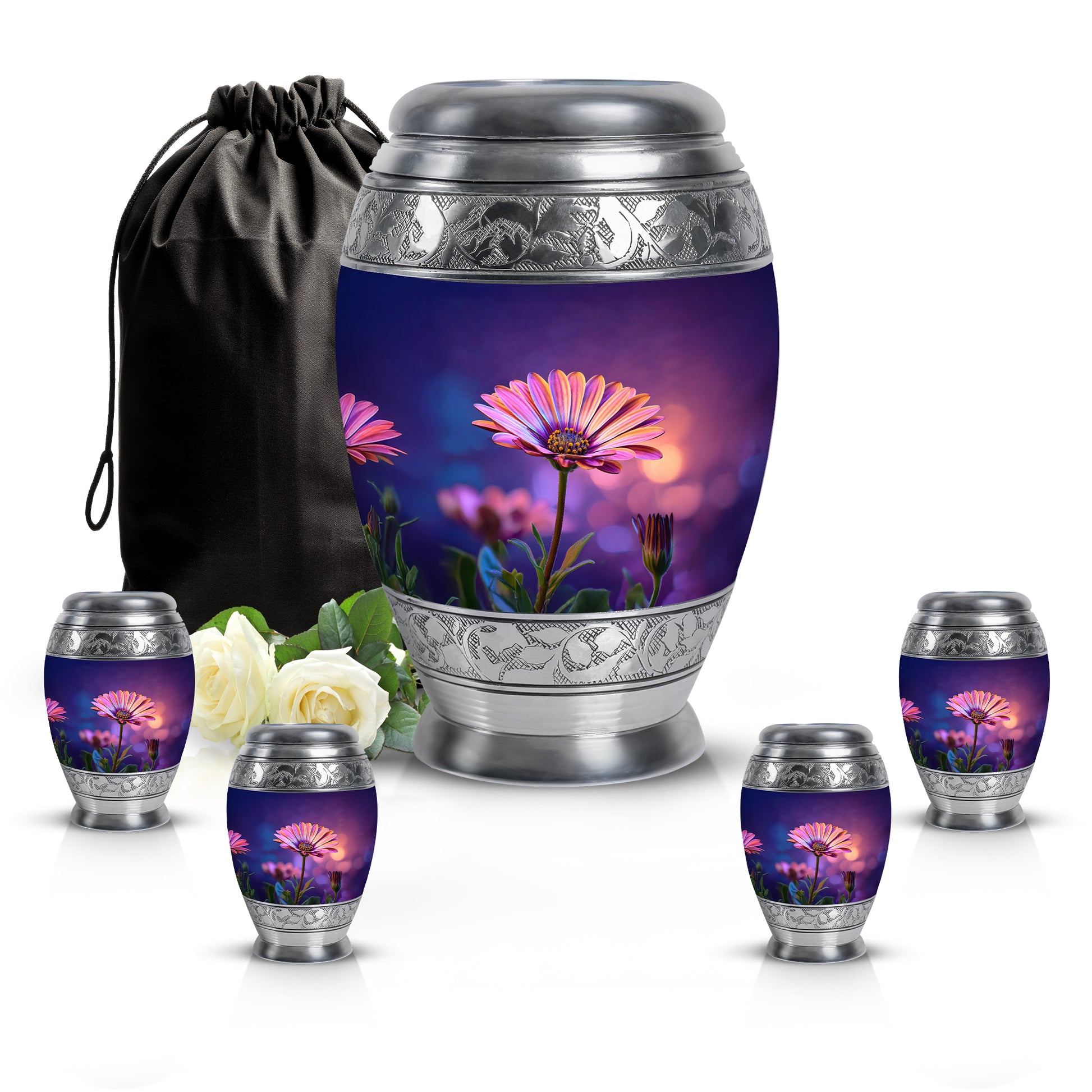Calming Blue Daisy Cremation Urn detail view - royal daisy engraving with decorative scrollwork - memorial set with one large and four small urns