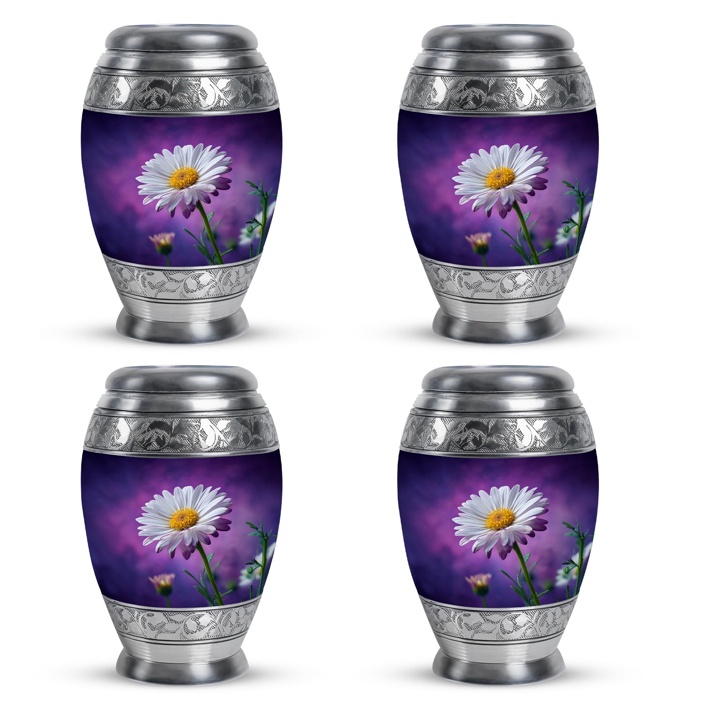 Deep Purple Daisy Cremation Urn urn with complimentary velvet bag - regal daisy design with crown-inspired accents - 10 inch aluminum urn for cremated remains