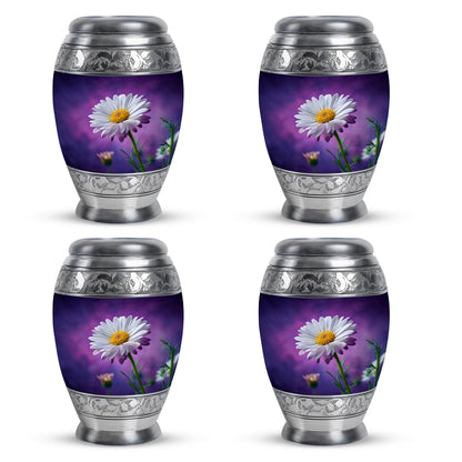 Deep Purple Daisy Cremation Urn urn with complimentary velvet bag - regal daisy design with crown-inspired accents - 10 inch aluminum urn for cremated remains