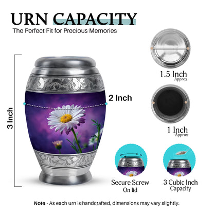 Deep Purple Daisy Cremation Urn lifestyle display on memorial shelf - ornate monarch-style daisy relief on brushed aluminum - mini keepsake memorial for portion of cremation ashes