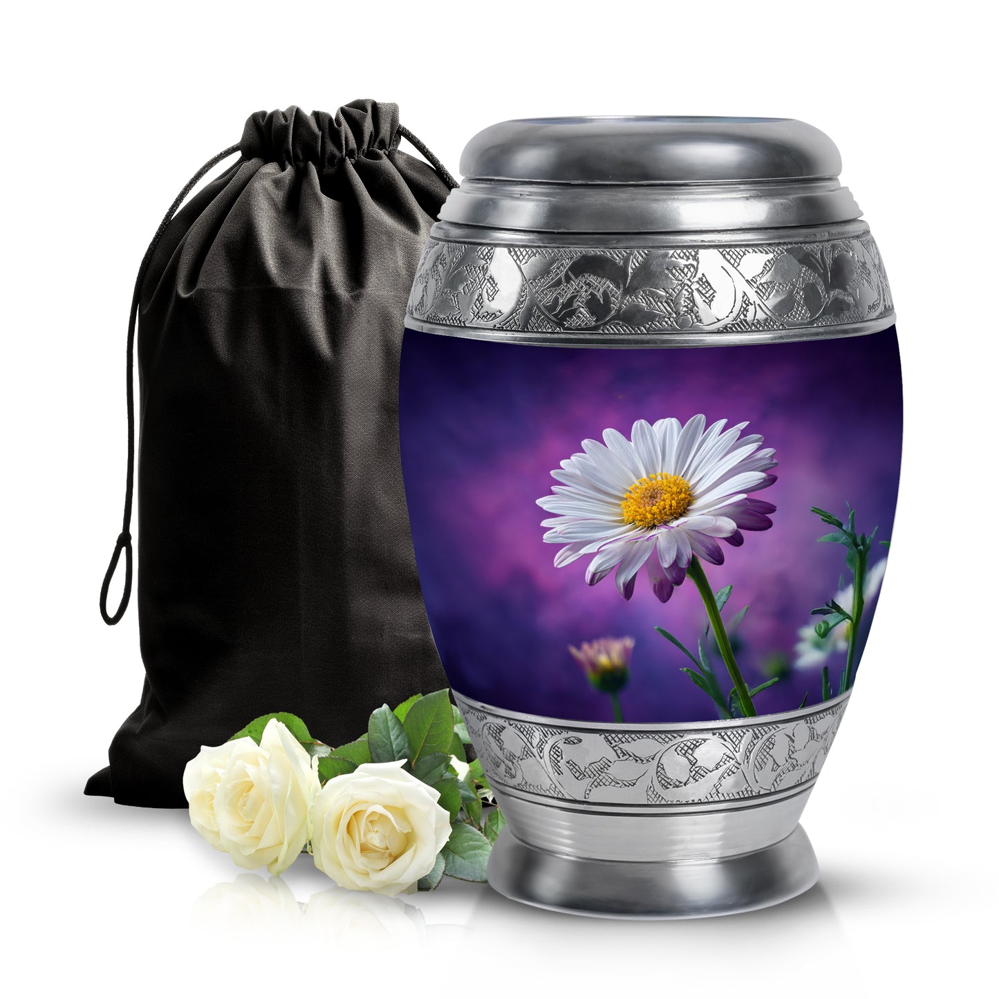 Twilight Purple Daisy Cremation Urn back view with polished surface - royal daisy engraving with decorative scrollwork - full-size 10 inch 200 cubic inch adult cremation urn