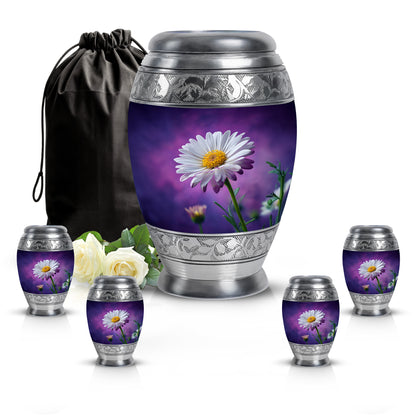 Orchid Purple Daisy Cremation Urn detail view - ornate monarch-style daisy relief on brushed aluminum - memorial set with one large and four small urns