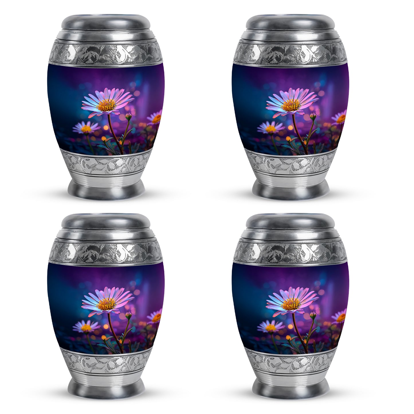 Deep Purple Daisy Cremation Urn urn with complimentary velvet bag - ornate monarch-style daisy relief on brushed aluminum - 10 inch aluminum urn for cremated remains