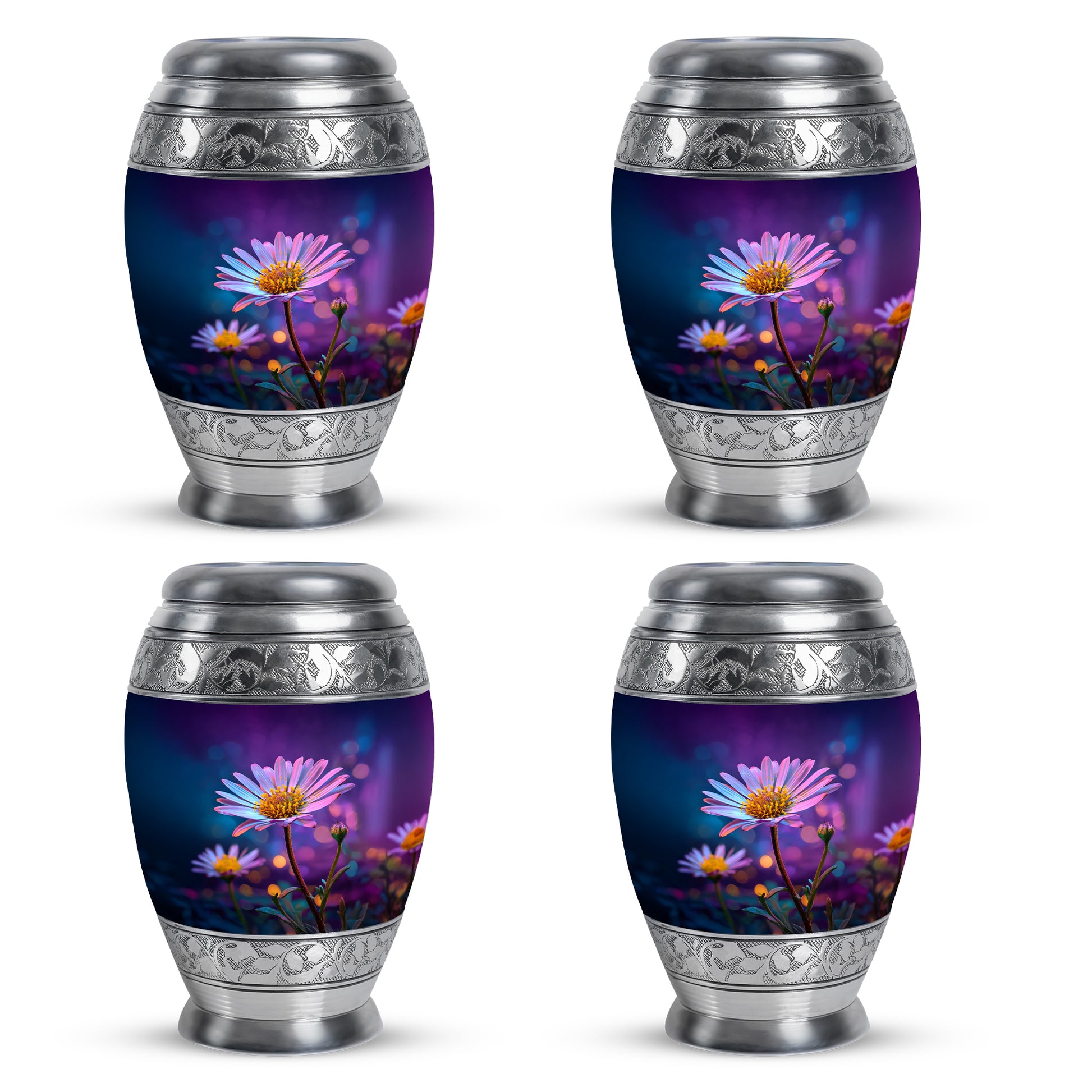 Deep Purple Daisy Cremation Urn urn with complimentary velvet bag - ornate monarch-style daisy relief on brushed aluminum - 10 inch aluminum urn for cremated remains