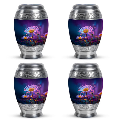 Deep Purple Daisy Cremation Urn urn with complimentary velvet bag - ornate monarch-style daisy relief on brushed aluminum - 10 inch aluminum urn for cremated remains