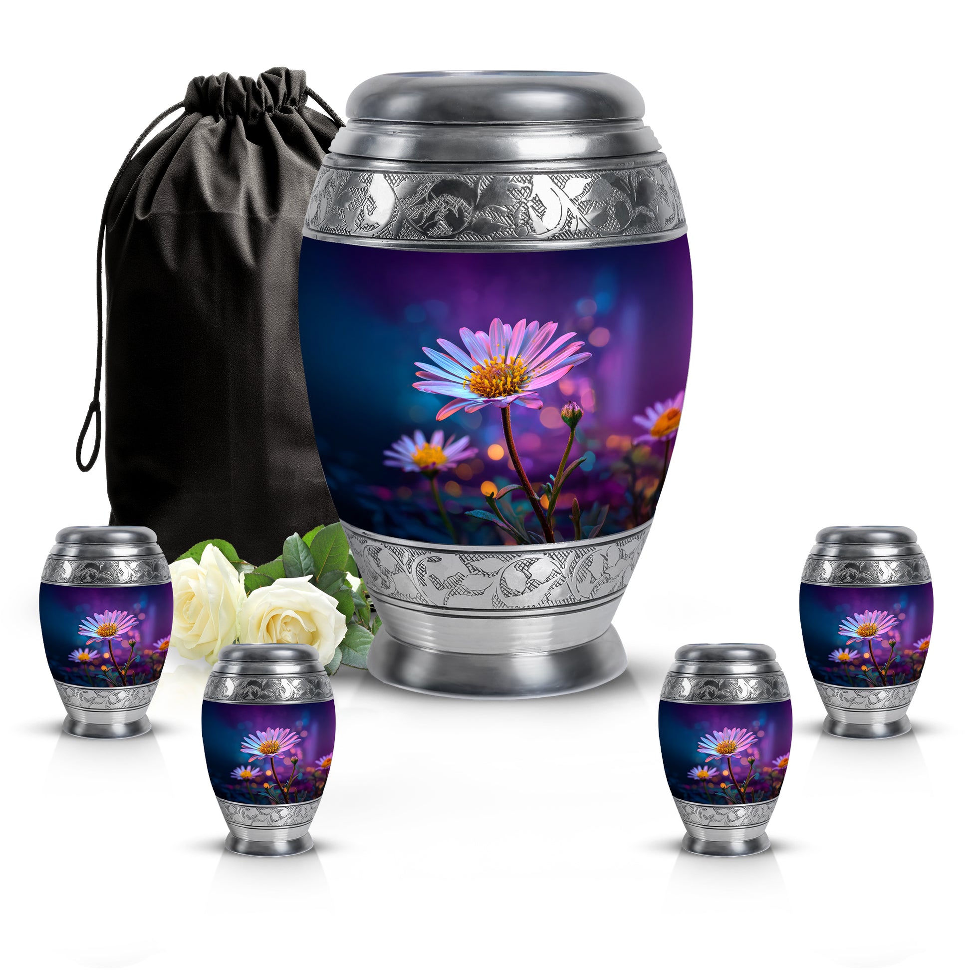 Deep Purple Daisy Cremation Urn detail view - ornate monarch-style daisy relief on brushed aluminum - memorial set with one large and four small urns