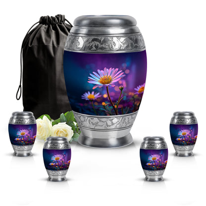 Deep Purple Daisy Cremation Urn detail view - ornate monarch-style daisy relief on brushed aluminum - memorial set with one large and four small urns