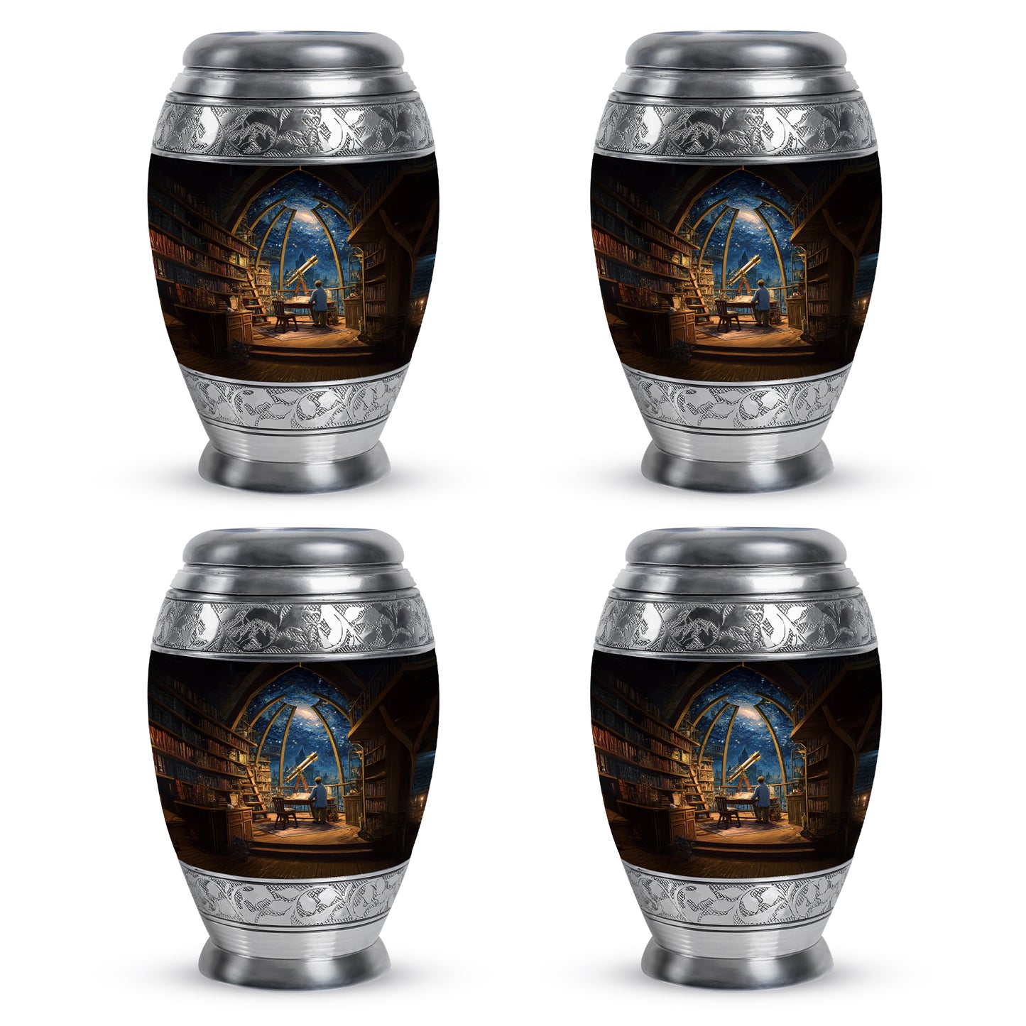 Powder Blue Angel Cremation Urn lifestyle display on memorial shelf - regal angel design with crown-inspired accents - 10 inch aluminum urn for cremated remains