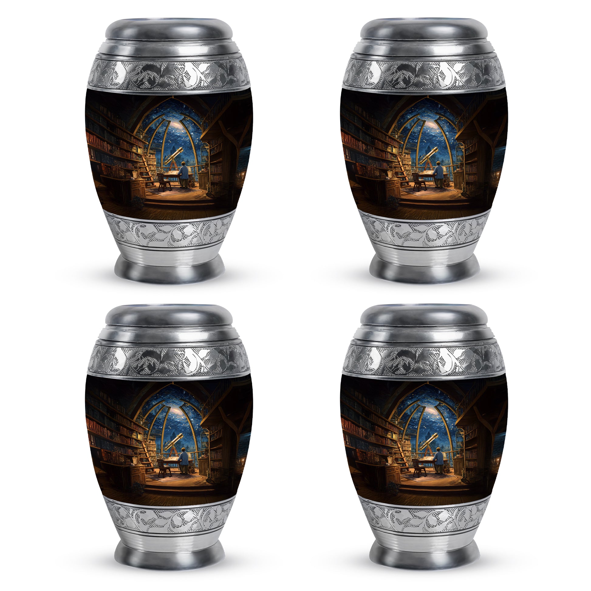 Powder Blue Angel Cremation Urn lifestyle display on memorial shelf - regal angel design with crown-inspired accents - 10 inch aluminum urn for cremated remains