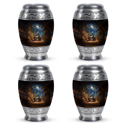 Powder Blue Angel Cremation Urn lifestyle display on memorial shelf - regal angel design with crown-inspired accents - 10 inch aluminum urn for cremated remains