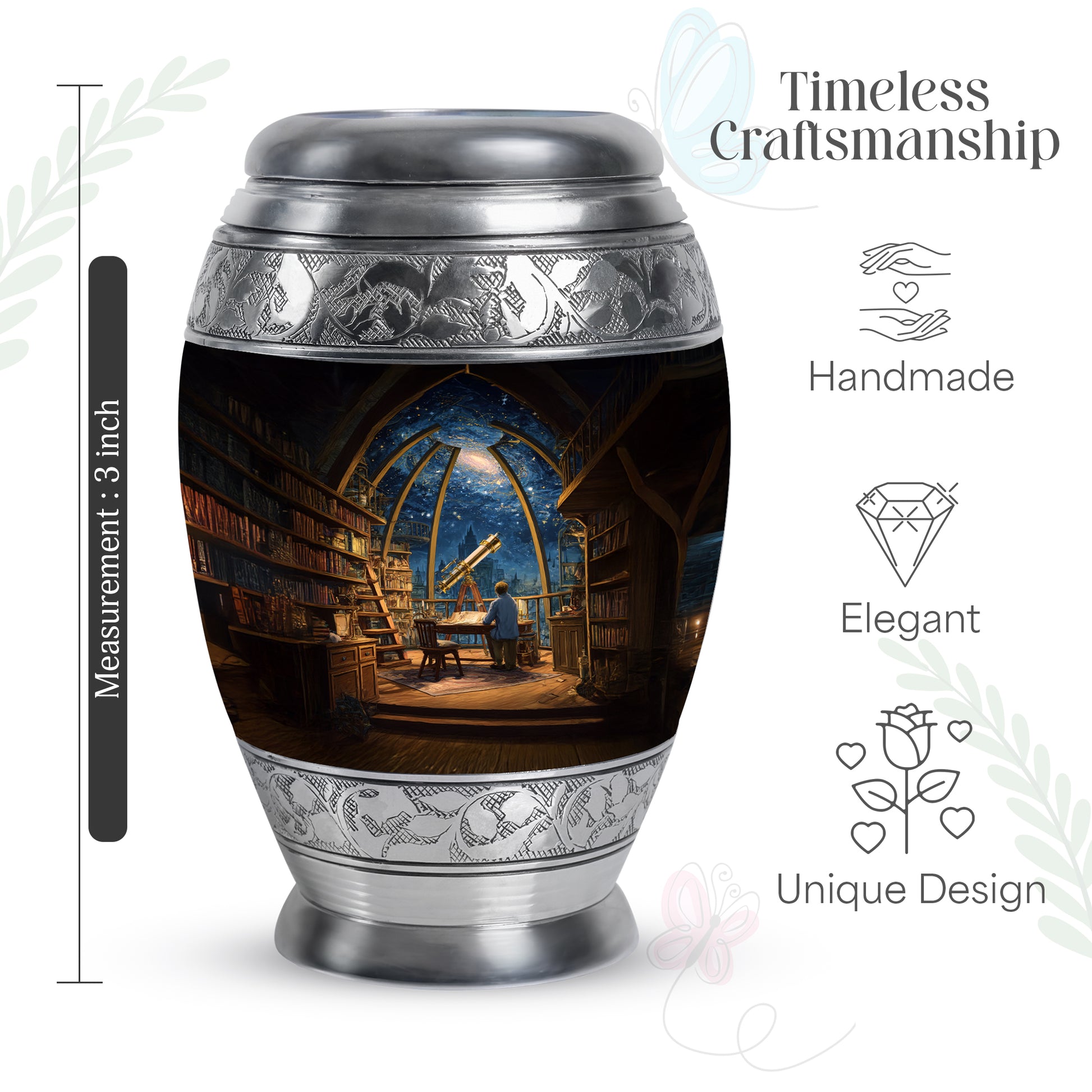 Royal Blue Angel Cremation Urn back view with polished surface - royal angel engraving with decorative scrollwork - mini keepsake memorial for portion of cremation ashes