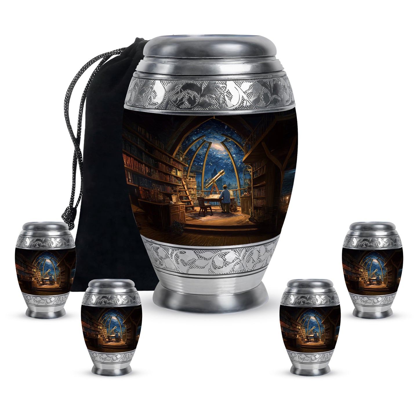 Twilight Blue Angel Cremation Urn urn with complimentary velvet bag - majestic angel pattern with filigree border - memorial set with one large and four small urns