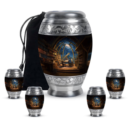 Twilight Blue Angel Cremation Urn urn with complimentary velvet bag - majestic angel pattern with filigree border - memorial set with one large and four small urns
