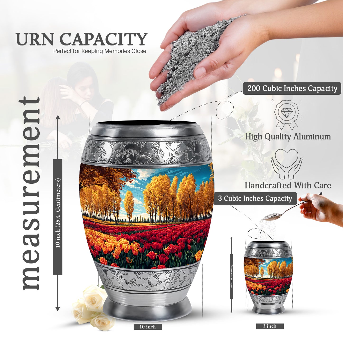 Aqua Teal Garden Tulip Cremation Urn lifestyle display on memorial shelf - royal garden tulip engraving with decorative scrollwork - mini keepsake memorial for portion of cremation ashes