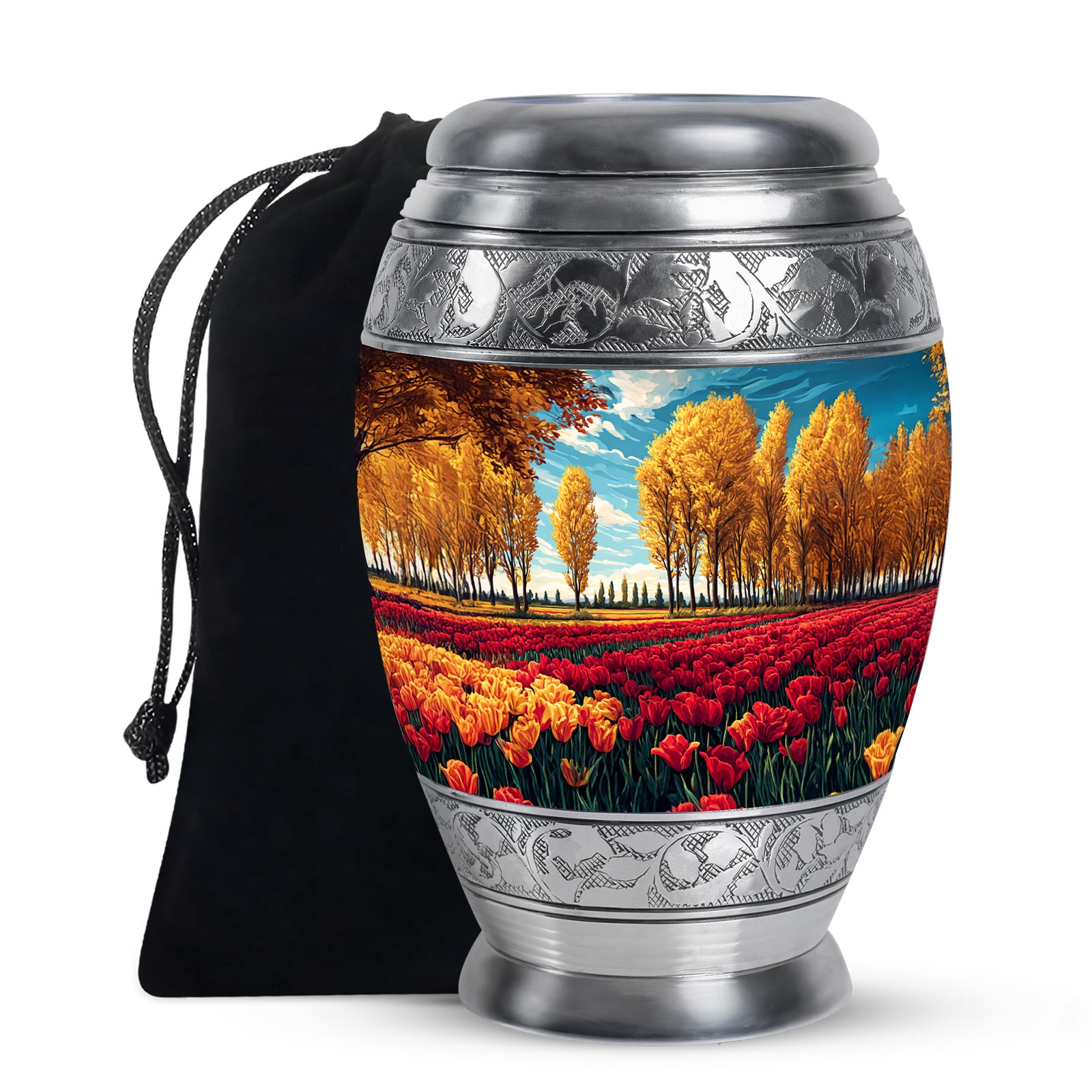 Sea Green Teal Garden Tulip Cremation Urn back view with polished surface - regal garden tulip design with crown-inspired accents - full-size 10 inch 200 cubic inch adult cremation urn
