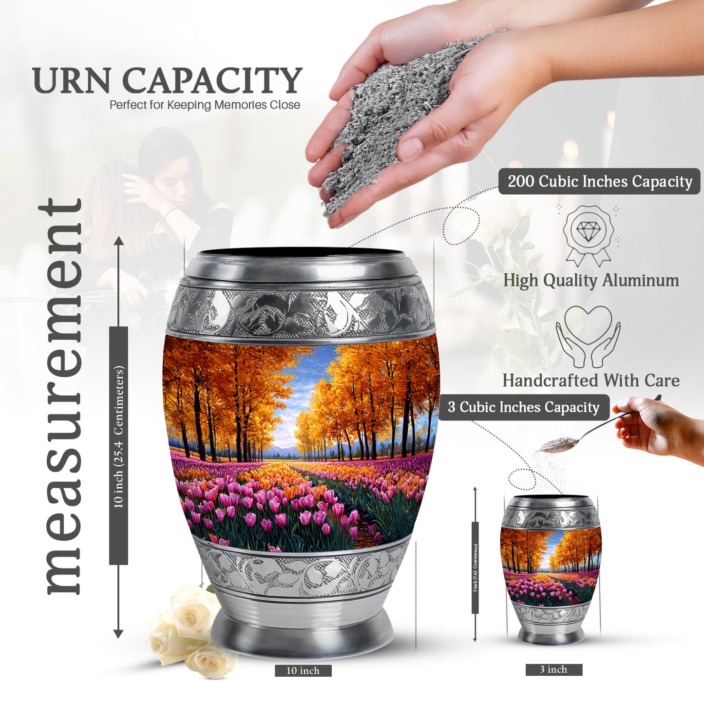 Burnished Gold Garden Tulip Cremation Urn lifestyle display on memorial shelf - royal garden tulip engraving with decorative scrollwork - mini keepsake memorial for portion of cremation ashes
