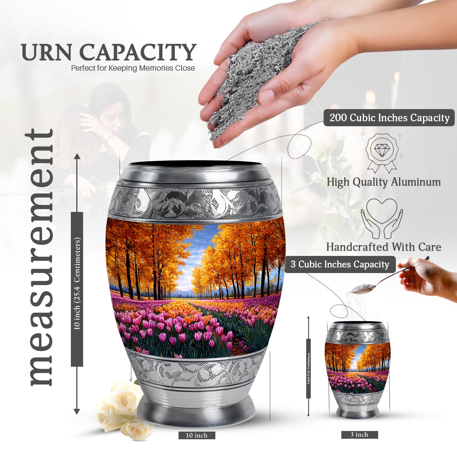 Burnished Gold Garden Tulip Cremation Urn lifestyle display on memorial shelf - royal garden tulip engraving with decorative scrollwork - mini keepsake memorial for portion of cremation ashes