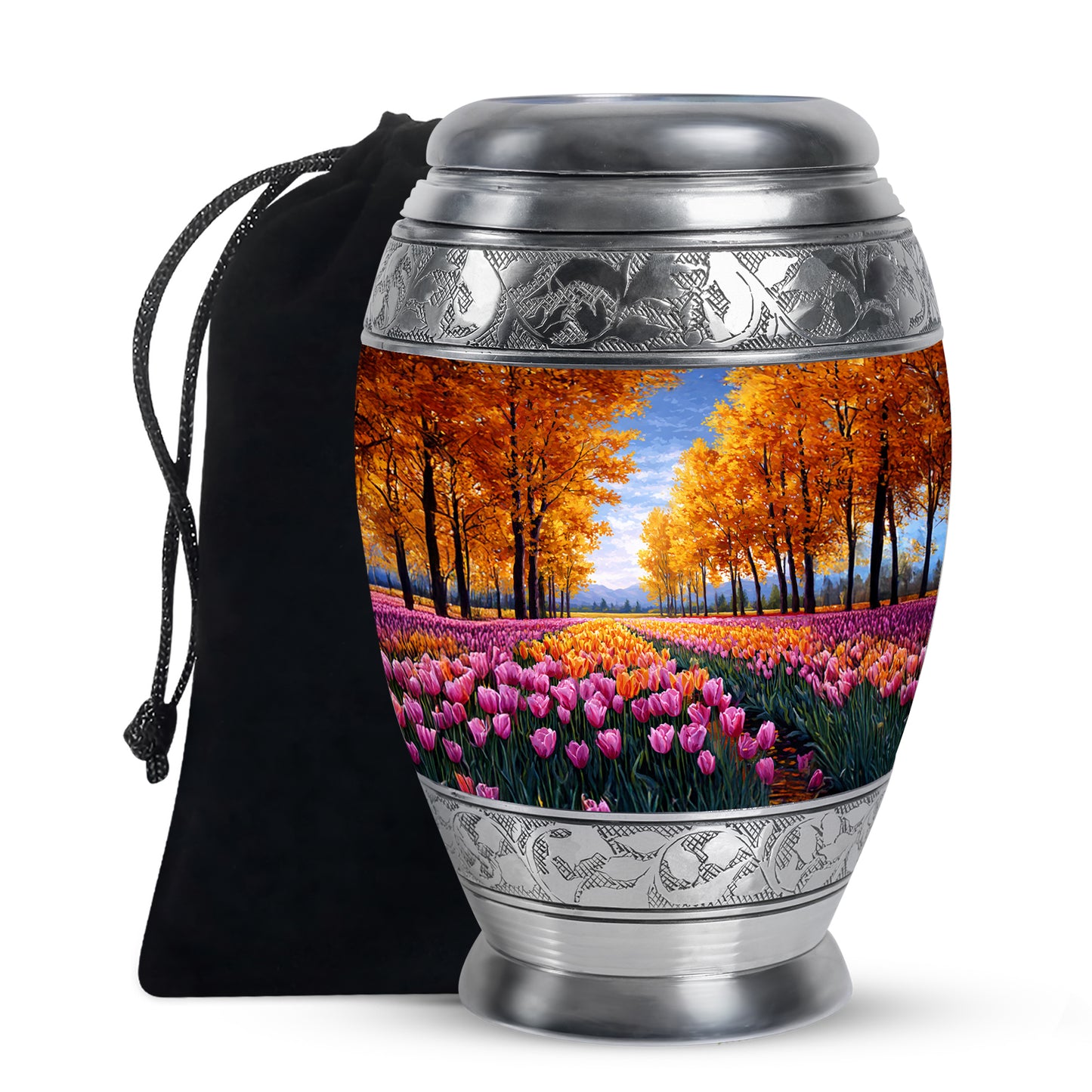 Sunrise Gold Garden Tulip Cremation Urn back view with polished surface - ornate monarch-style garden tulip relief on brushed aluminum - full-size 10 inch 200 cubic inch adult cremation urn