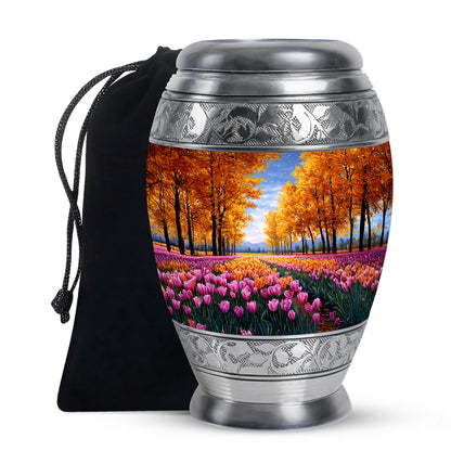 Sunrise Gold Garden Tulip Cremation Urn back view with polished surface - ornate monarch-style garden tulip relief on brushed aluminum - full-size 10 inch 200 cubic inch adult cremation urn
