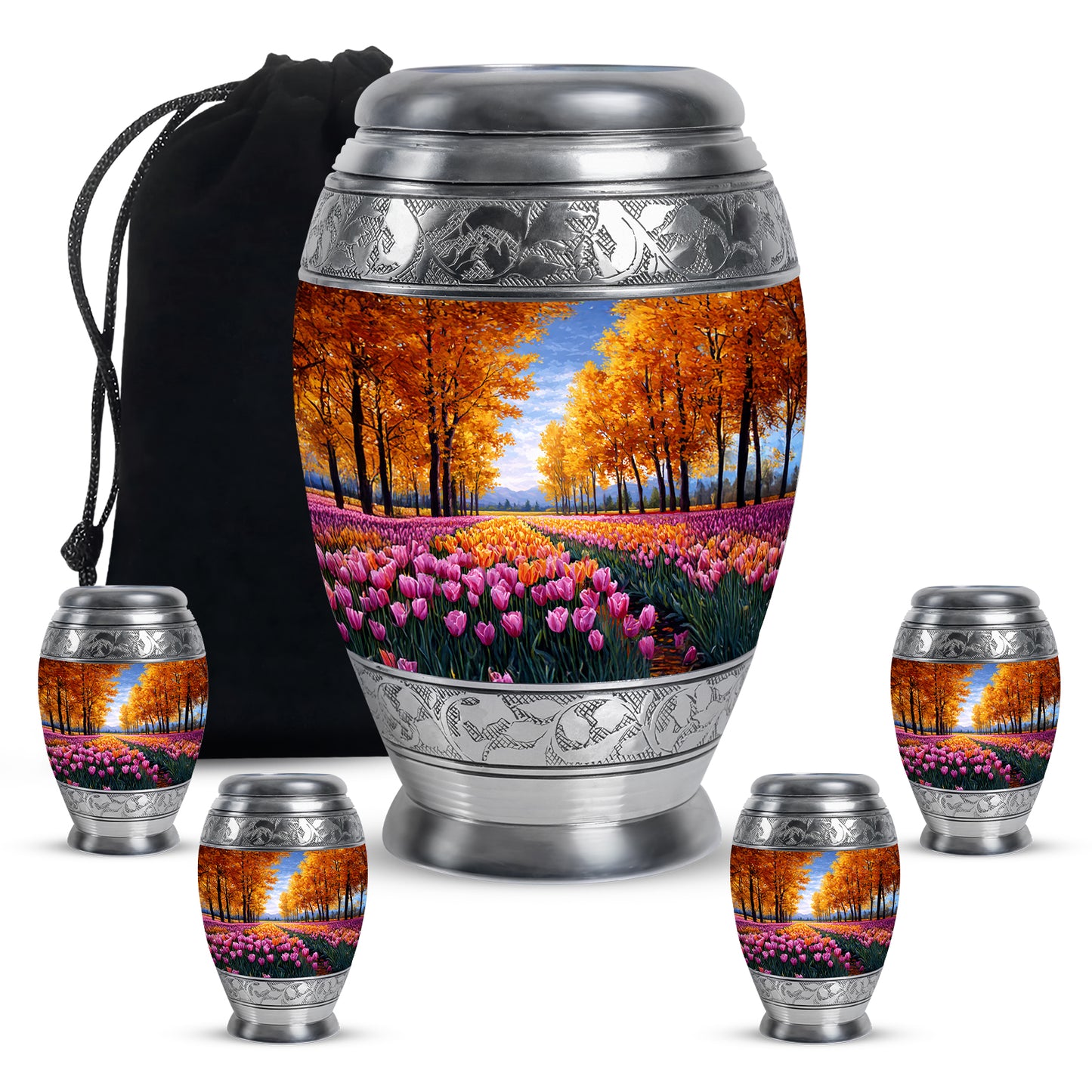 Sunrise Gold Garden Tulip Cremation Urn detail view - ornate monarch-style garden tulip relief on brushed aluminum - memorial set with one large and four small urns