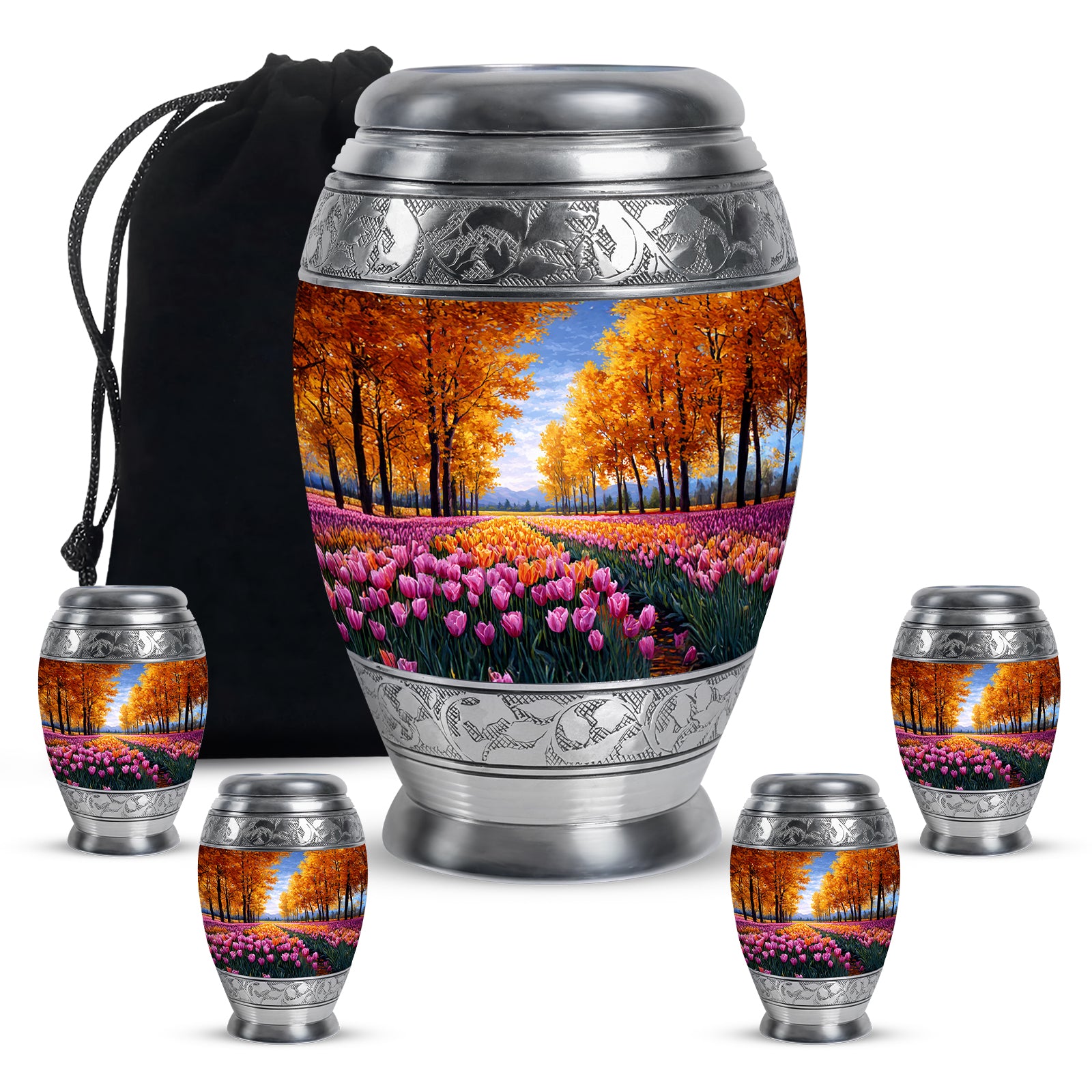 Sunrise Gold Garden Tulip Cremation Urn detail view - ornate monarch-style garden tulip relief on brushed aluminum - memorial set with one large and four small urns