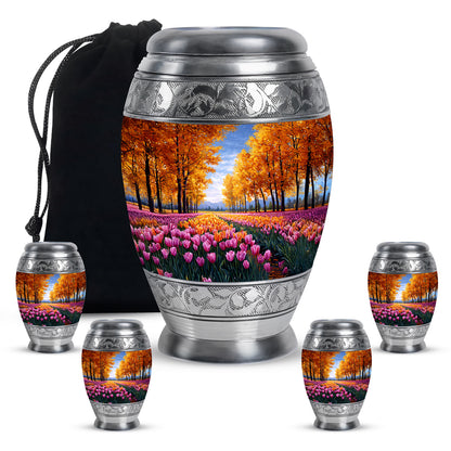Sunrise Gold Garden Tulip Cremation Urn detail view - ornate monarch-style garden tulip relief on brushed aluminum - memorial set with one large and four small urns