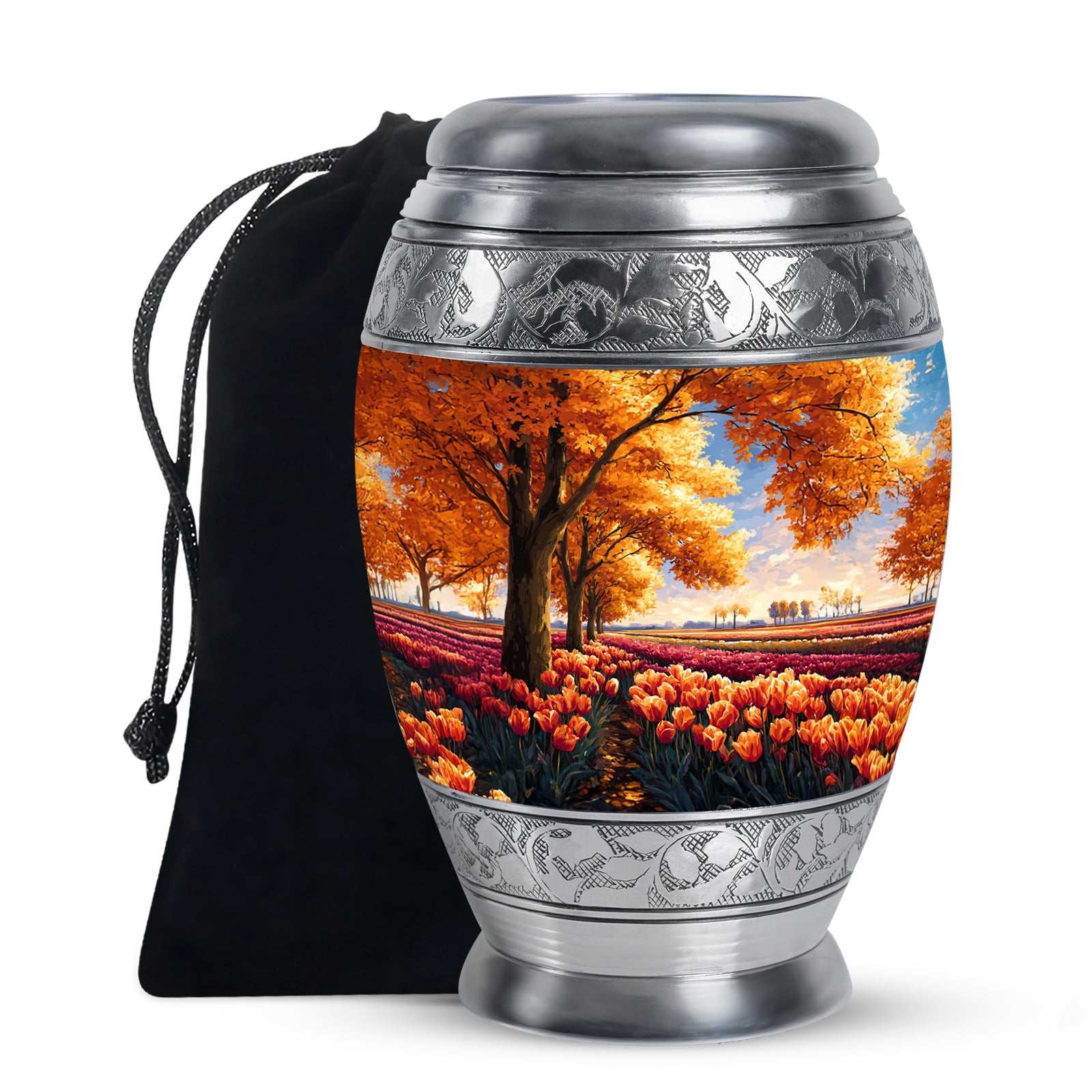 Burnished Gold Garden Tulip Cremation Urn back view with polished surface - royal garden tulip engraving with decorative scrollwork - full-size 10 inch 200 cubic inch adult cremation urn