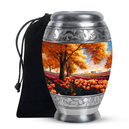 Burnished Gold Garden Tulip Cremation Urn back view with polished surface - royal garden tulip engraving with decorative scrollwork - full-size 10 inch 200 cubic inch adult cremation urn