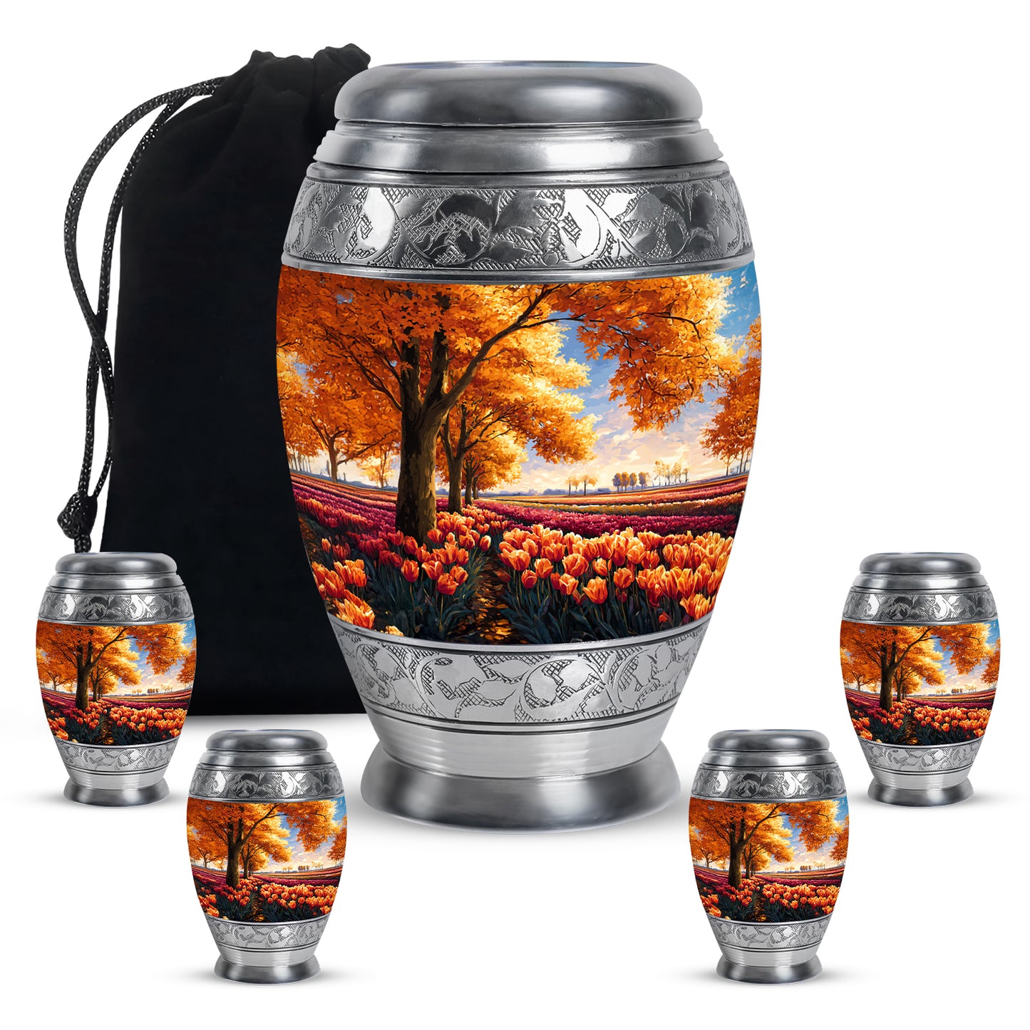 Harvest Gold Garden Tulip Cremation Urn detail view - royal garden tulip engraving with decorative scrollwork - memorial set with one large and four small urns