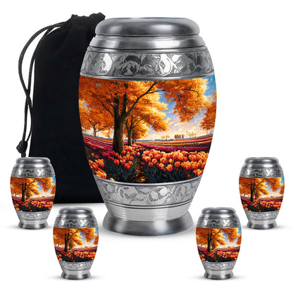 Harvest Gold Garden Tulip Cremation Urn detail view - royal garden tulip engraving with decorative scrollwork - memorial set with one large and four small urns
