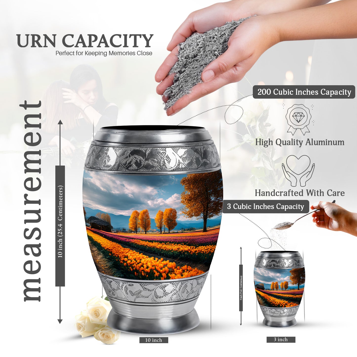 Soft Blue Garden Tulip Cremation Urn lifestyle display on memorial shelf - royal garden tulip engraving with decorative scrollwork - mini keepsake memorial for portion of cremation ashes