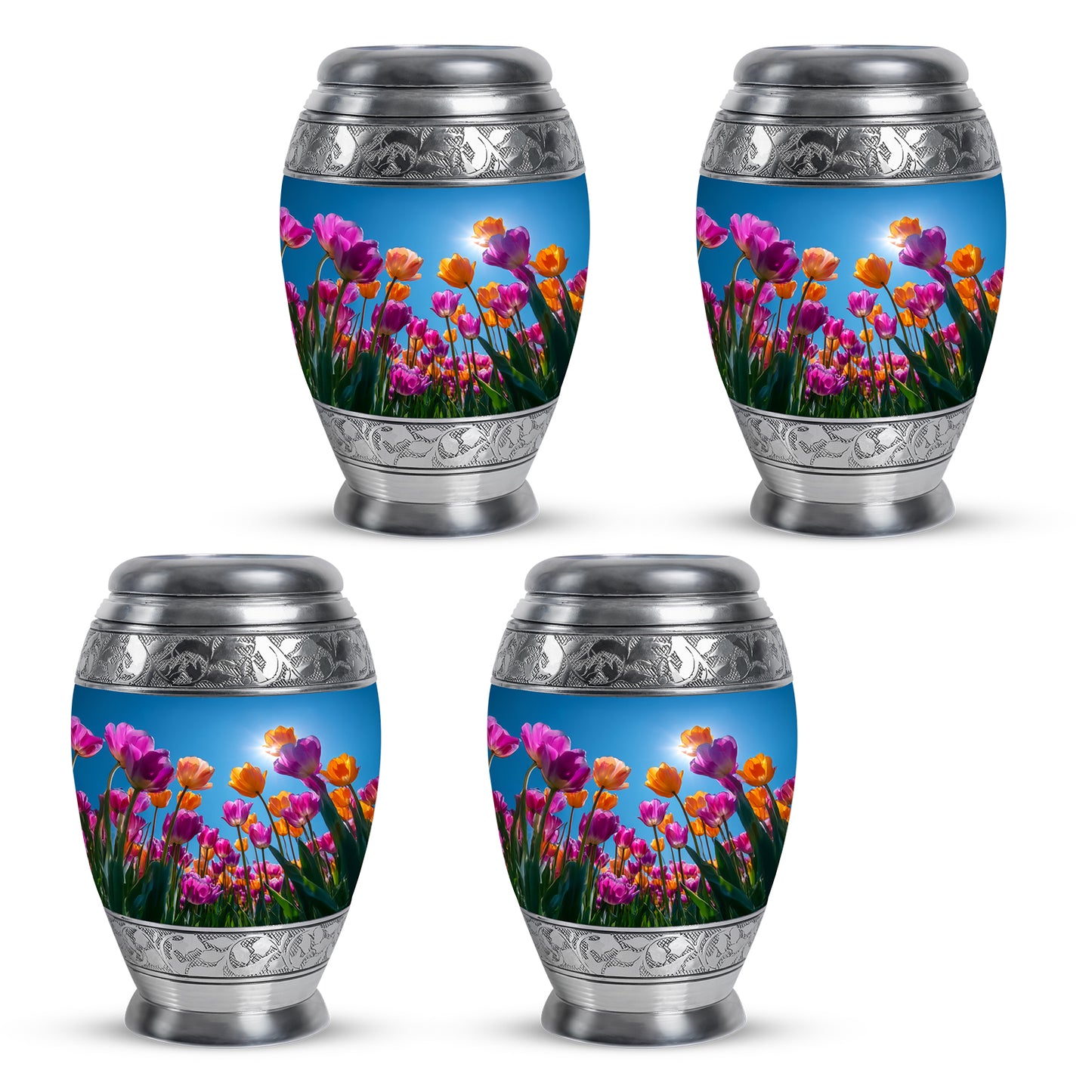 Sky Blue Garden Tulip Cremation Urn urn with complimentary velvet bag - ornate monarch-style garden tulip relief on brushed aluminum - 10 inch aluminum urn for cremated remains
