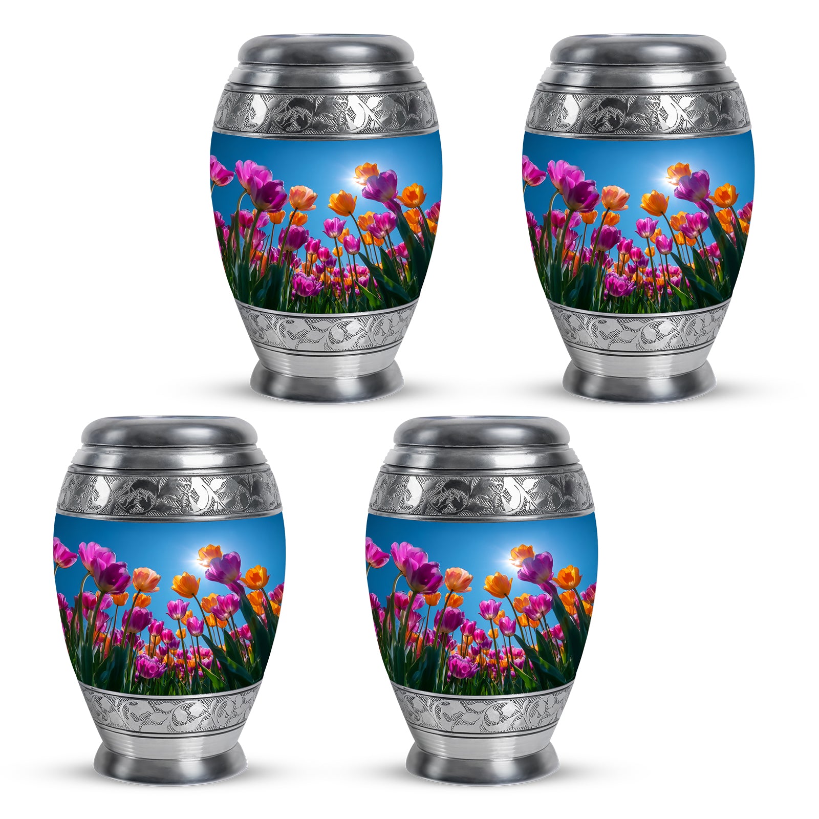 Sky Blue Garden Tulip Cremation Urn urn with complimentary velvet bag - ornate monarch-style garden tulip relief on brushed aluminum - 10 inch aluminum urn for cremated remains