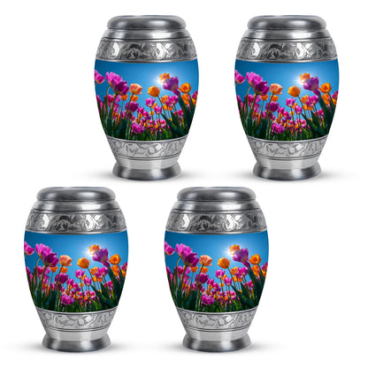 Sky Blue Garden Tulip Cremation Urn urn with complimentary velvet bag - ornate monarch-style garden tulip relief on brushed aluminum - 10 inch aluminum urn for cremated remains